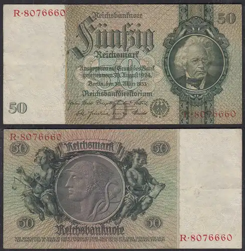50 Reichsmark 1933 3. Reich Ro 175a Pick 182 VF (3) Udr D - Serie R   (29242