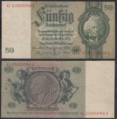 50 Reichsmark 1933 3. Reich Ro 175c Pick 182 VF+ (3+) Udr L - Serie G   (29243