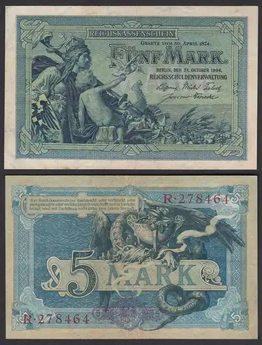 Reichsbanknote 5 Mark 1904 Ro 22a Pick 8 VF+ (3+) 6-stellig Serie R  (29275