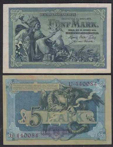 Reichsbanknote 5 Mark 1904 Ro 22a Pick 8 XF (2) 6-stellig Serie U  (29276