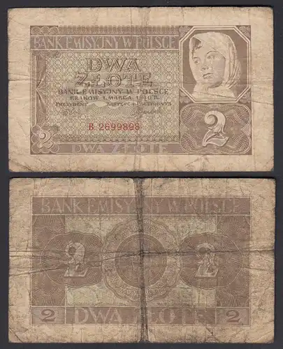 2 Złoty 1940 EMISSION BANK IN POLAND Deutsche Besatzung Ro 572 Pick 92 VG (5)