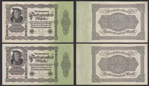 2 Stück á 50.000 50000 Mark 1922 Ro 79a Pick 79 XF (2) Serie H Paar lauf. Nr.