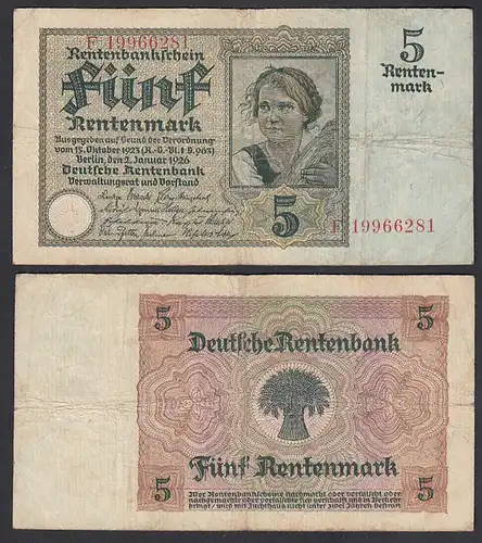 Rentenbankschein 5 Rentenmark 1926 Ro 164b Pick 169 F (4) Serie E     (29401