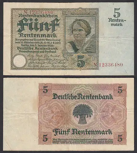 Rentenbankschein 5 Rentenmark 1926 Ro 164b Pick 169 F+ (4+) Serie N    (29402