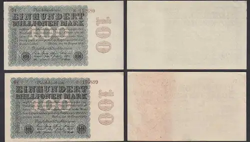 2 Stück á Ro 106e 100 Millionen Mark 1923 FZ: V BZ: 3+6 XF (2) Starnoten  (29769