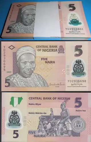 NIGERIA 5 Naira 2009 Pick 38b UNC (1) Bundle á 100 Stück Dealer Lot Polymer