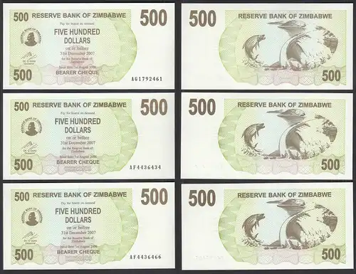 Simbabwe - Zimbabwe 3 Stück á 500 Dollars 2007 Pick 43 UNC (1)     (29889