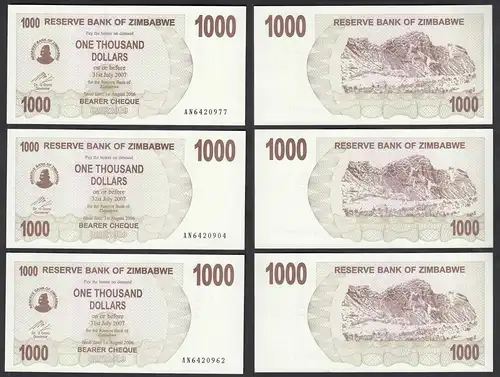 Simbabwe - Zimbabwe 3 Stück á 1000 Dollars 2007 Pick 44 UNC (1)     (29890