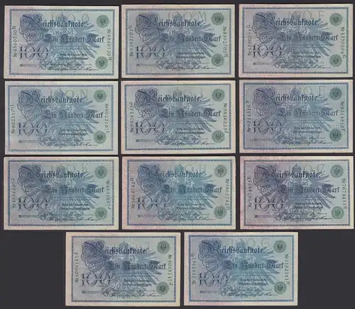 11 Stück á 100 Mark 1908  Ro 34 Pick 34 verschiedene Unterdruck Buchstaben