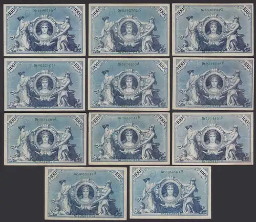 11 Stück á 100 Mark 1908  Ro 34 Pick 34 verschiedene Unterdruck Buchstaben