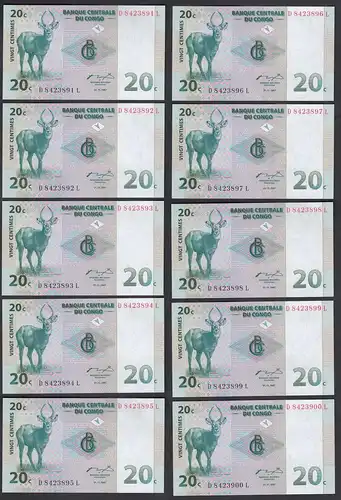 Kongo - Congo 10 Stück á 20 Centimes 1997 Pick 83 UNC (1) Antilope  (89237