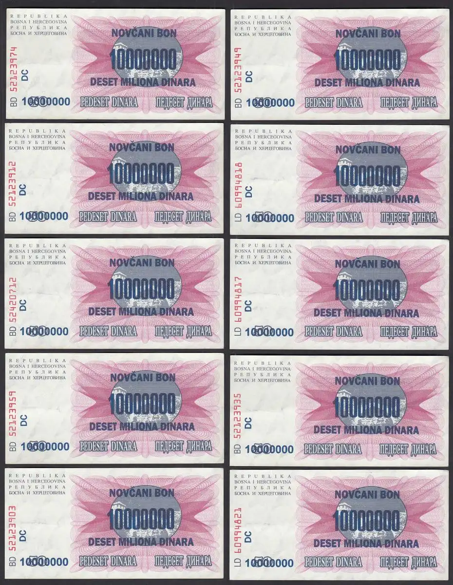 BOSNIEN - HERZEGOWINA - 10 Stück á 10-Million Dinara 1993 Pick 36 XF (2) 