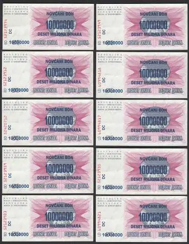 BOSNIEN - HERZEGOWINA - 10 Stück á 10-Million Dinara 1993 Pick 36 XF (2) 