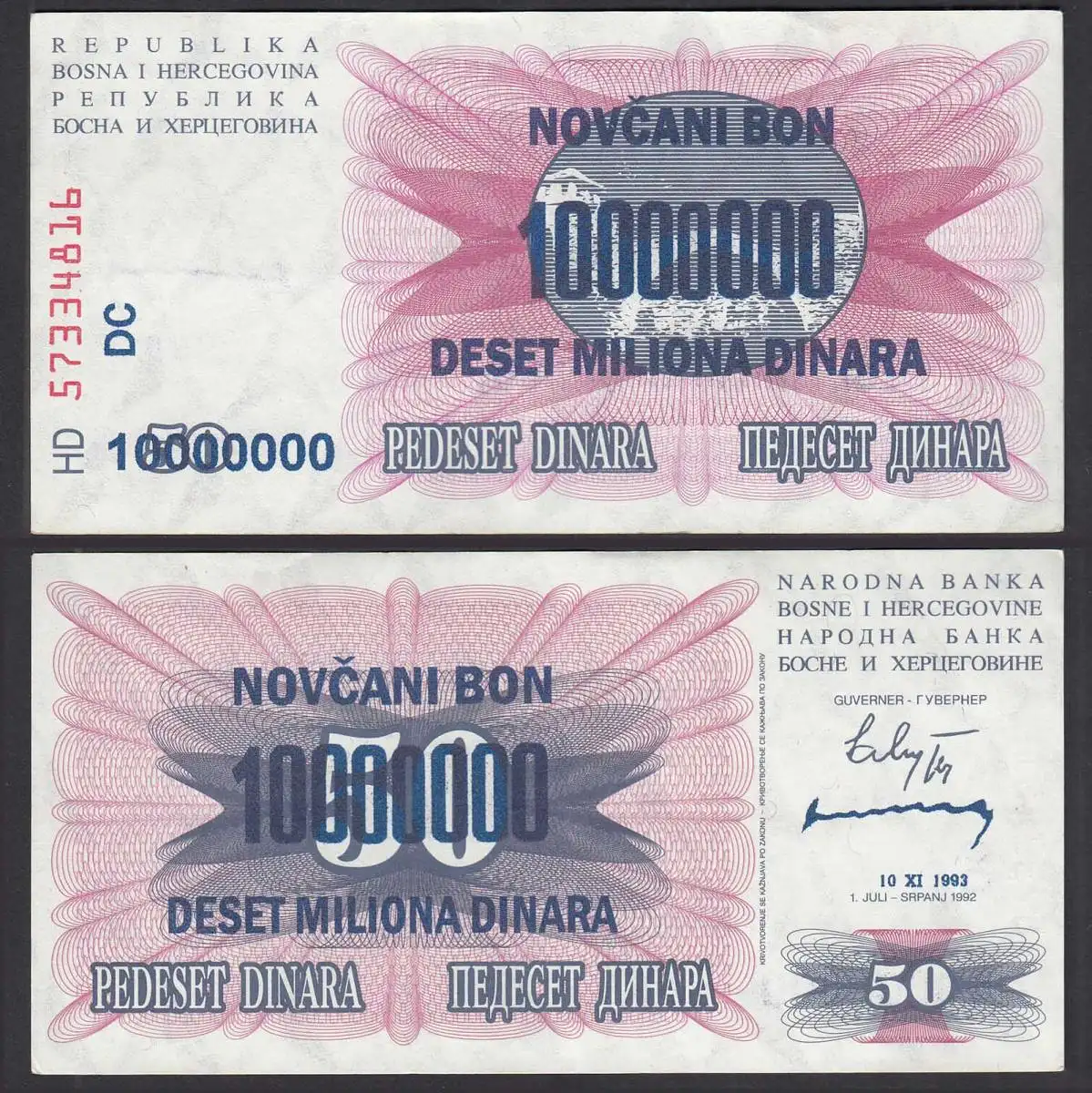 BOSNIEN - HERZEGOWINA - 10-Million Dinara 10.11.1993 Pick 36 XF (2)    (29911