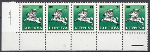 Litauen - Lithuania Mi 473 ** MNH 1991 Strip of 5 - Litauischer Reiter   (65518