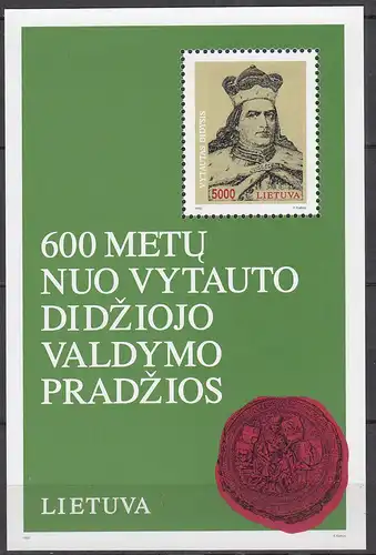 Litauen - Lithuania Mi 521 Block 3 ** MNH 1993 M-Dheet Grand Duke       (65528
