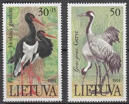 Litauen - Lithuania Mi 489-90 ** MNH 1991 Coloured animals Stork + Crane  (65548