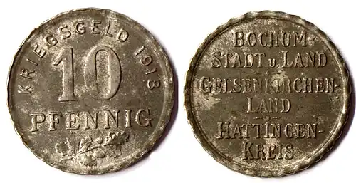 BOCHUM GELSENKIRCHEN HATTINGEN 10 Pfg. 1918 Kriegsgeld Eisen Funck 49.1b   (R913