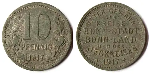 BONN Siegkreis 10 Pfennid 1917 Notgeld Zink Funck 52.2   (R927