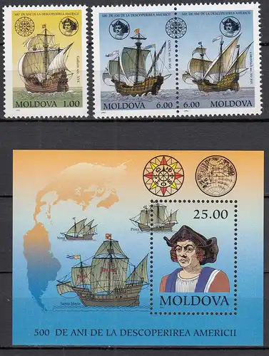 Moldawien - Moldova 1992 Mi.46-48 + Block 3 ** MNH  500 Jahre Entdeckung Amerika