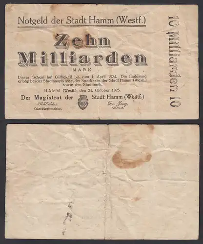 Westfalen - Hamm 10 Milliarden Mark Notgeld 1923 stark gebraucht   (30014
