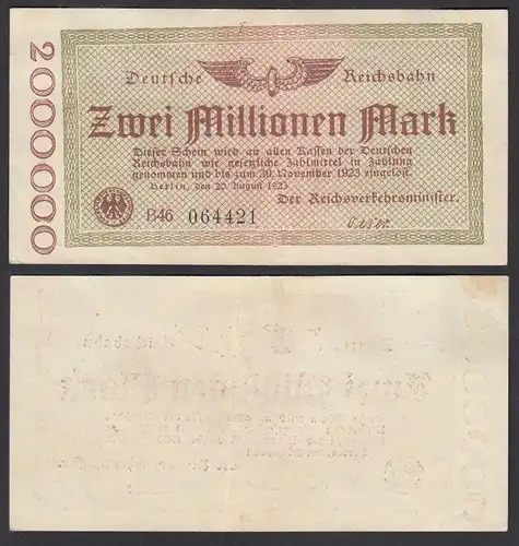 Reichsbahn Berlin 2 Millionen Mark Mark 1923 VF+ (3+)   (30025