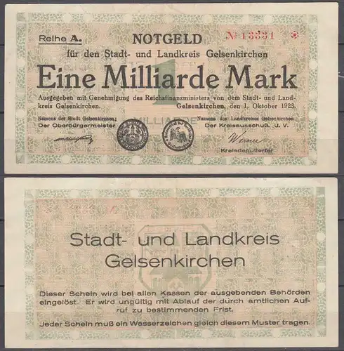 Gelsenkirchen Stadt + Landkreis 1 Milliarde Mark 1923 Notgeld   (30093