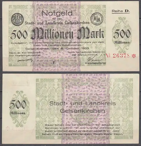 Gelsenkirchen Stadt + Landkreis 500 Millionen Mark 1923 Notgeld   (30094
