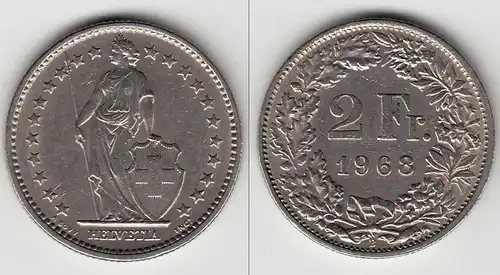 Schweiz - Switzerland 2 Franken Cu-Ni Münze 1968   (29995