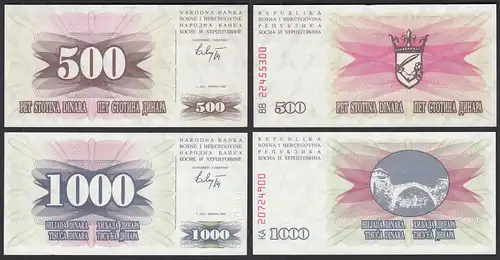 Bosnien-Herzegowina 500 +1000 Dinara 2 Banknoten 1992 UNC   (30147