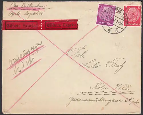 Deutsches Reich 1937 Eilboten Brief Leipzig N14 nach Köln Mif Hindenburg  (26263