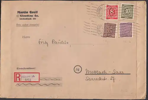 Alliierte Besetzung 1945 R-Brief Mif Behelfs R-Zettel Glaugau - Mettlach (26331