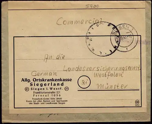 Gebühr bezahlt Postamt Siegen nach Münster LVA 12.09.1945   (6807