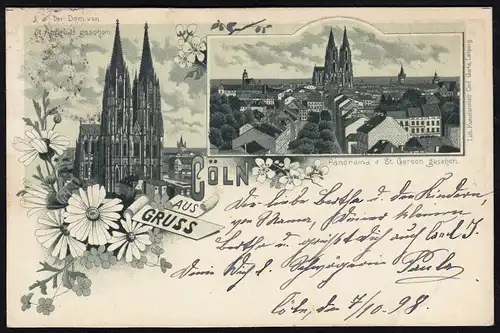 AK Litho Gruss aus Cöln Köln 1898 nach Kreuznach  (17108