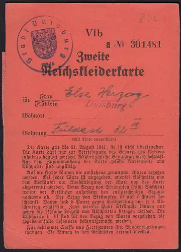 2. Reichskleiderkarte 3.Reich 1940 Stadt Duisburg   (23047