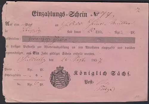 Sachsen 1857 Post-Einlzahlungs-Schein 20 Thaler Leipzig - Pulnitz   (23098