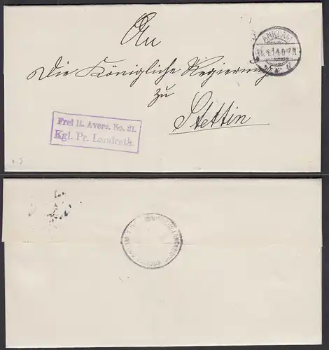 Frei lt. Avers 1914 ANKLAM an die Königliche Regierung zu Stettin  (29864