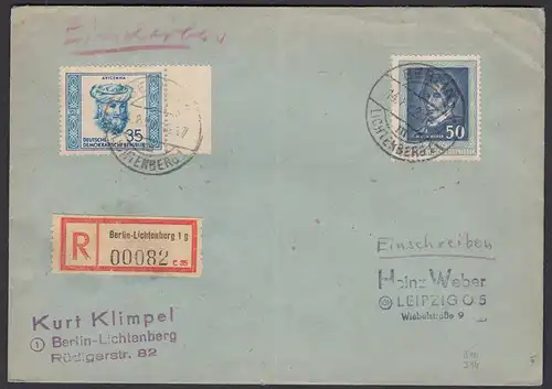 DDR 1952 R-Brief Berlin-Lichtenberg - Leipzig mit Mi. 310 + 314   (26283