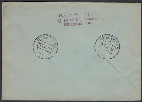 DDR 1952 R-Brief Berlin-Lichtenberg - Leipzig mit Mi. 310 + 314   (26283