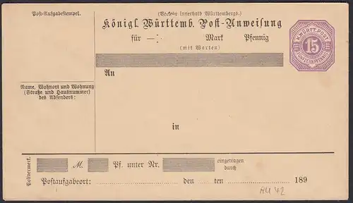 Württemberg 15 Pfennig Ganzsache Postanweisung Umschlag AU42 ungebraucht  (20051