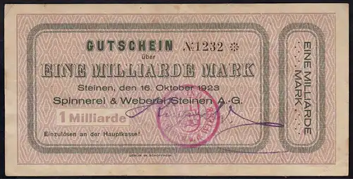 Steinen 1 Milliarde Mark 1923 Spinnerei & Weberei Notgeld Starnote  (14856