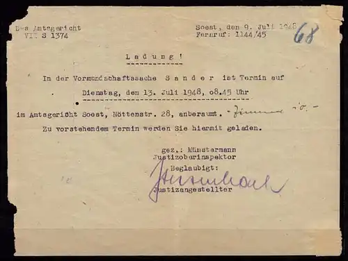 Soest Westfalen 1948 Gerichtsbrief Ladung nach Lohne   (b187