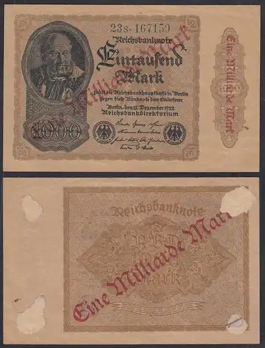 Ros.110f 1-Milliarde Mark 1923  Pick 113b VF Rückseite Klebespuren (29821