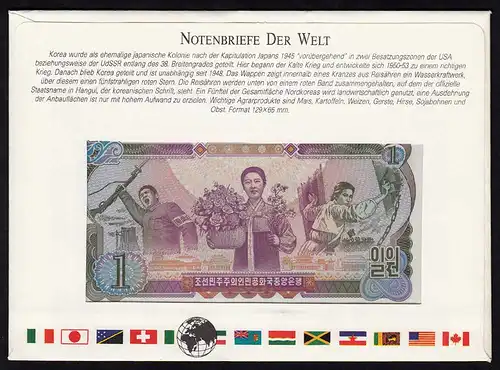 Nord-Korea 1 Won Banknotenbrief der Welt Pick 18a UNC    (15513