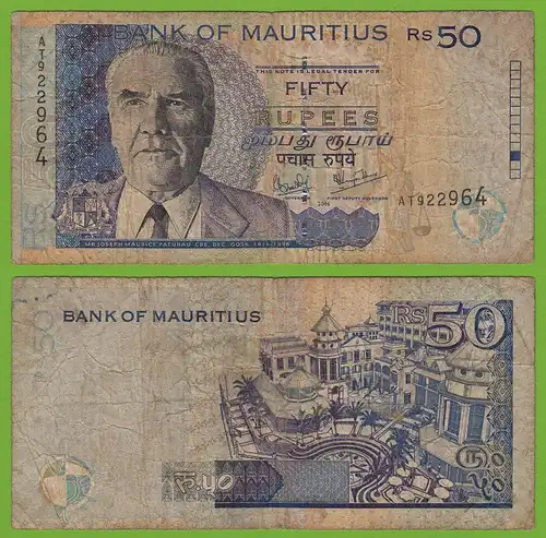 MAURITIUS - 50 RUPEES BANKNOTE 2006 Pick 50d VG (5)   (19473