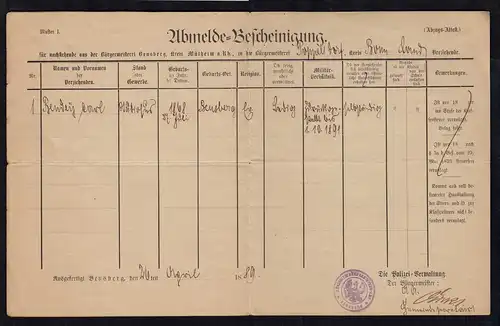 Bensberg 1889 Kreis Mühlheim Rhein Abmelde-Bescheinigung Polizei Verw.    (24058