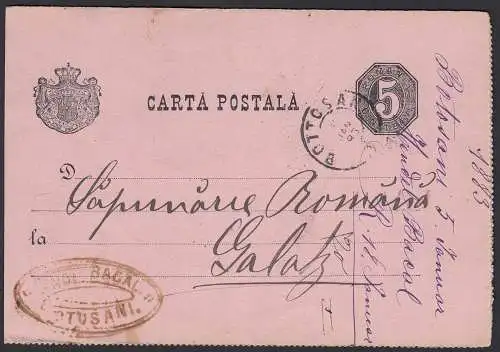 Rumänien - Romania 1883 Ganzsachen Karte 5 Bani nach Galatz  (20210
