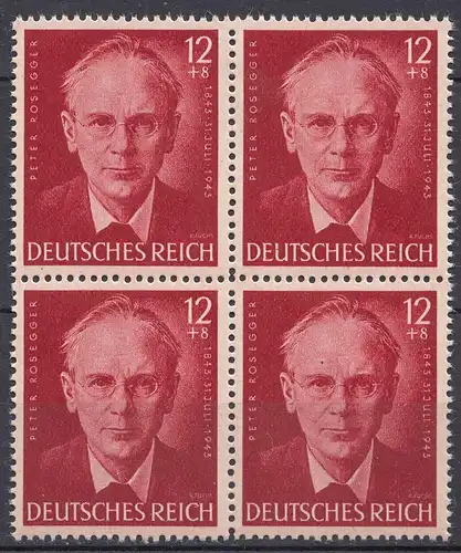 3. Reich WW2 1943 Mi. 856 ** MNH Block of 4 Peter Rosegger   (19917