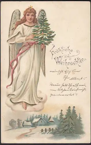 AK Fröhliche Weihnachten ca. 1906 Engel mit Goldprägung   (30328