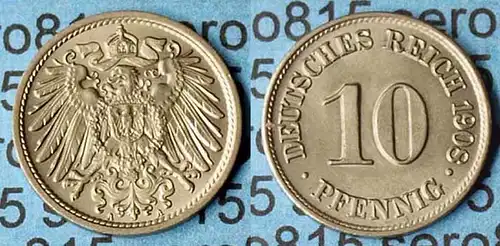 10 Pfennig Kaiserreich EMPIRE 1908 A - Jäger 13 bankfrisch    (9368